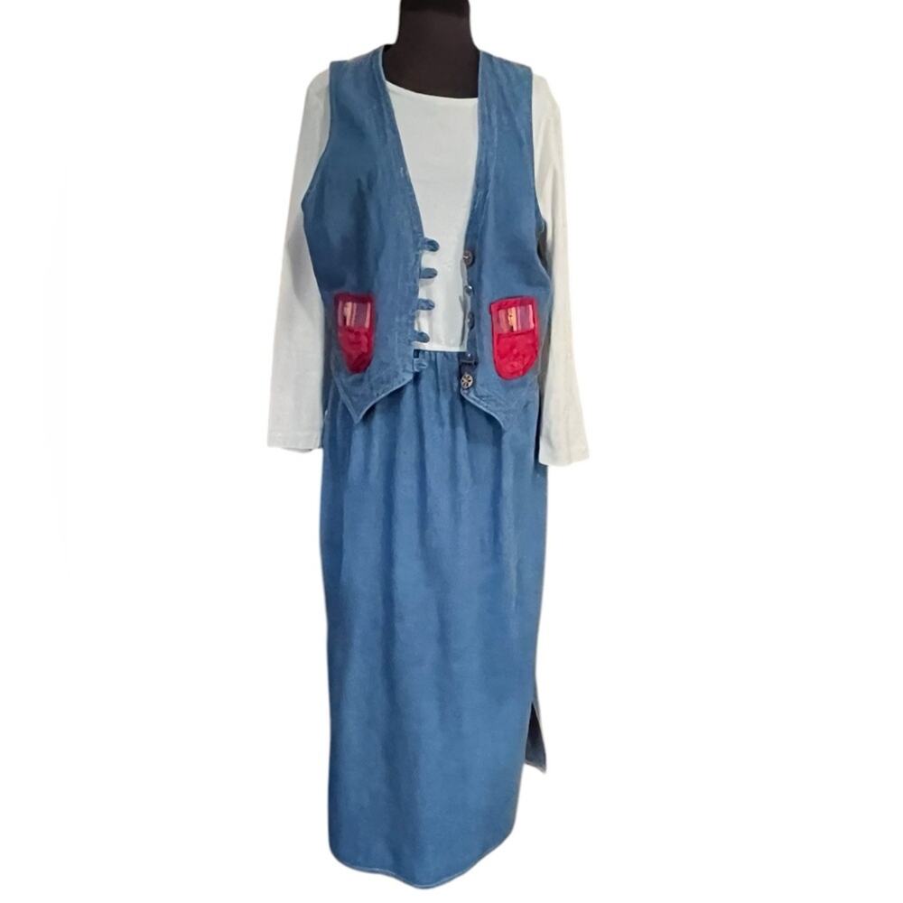 Vintage 90s Denim Vest Maxi Dress Boho Artsy Eclectic Size 16 Teacher Country